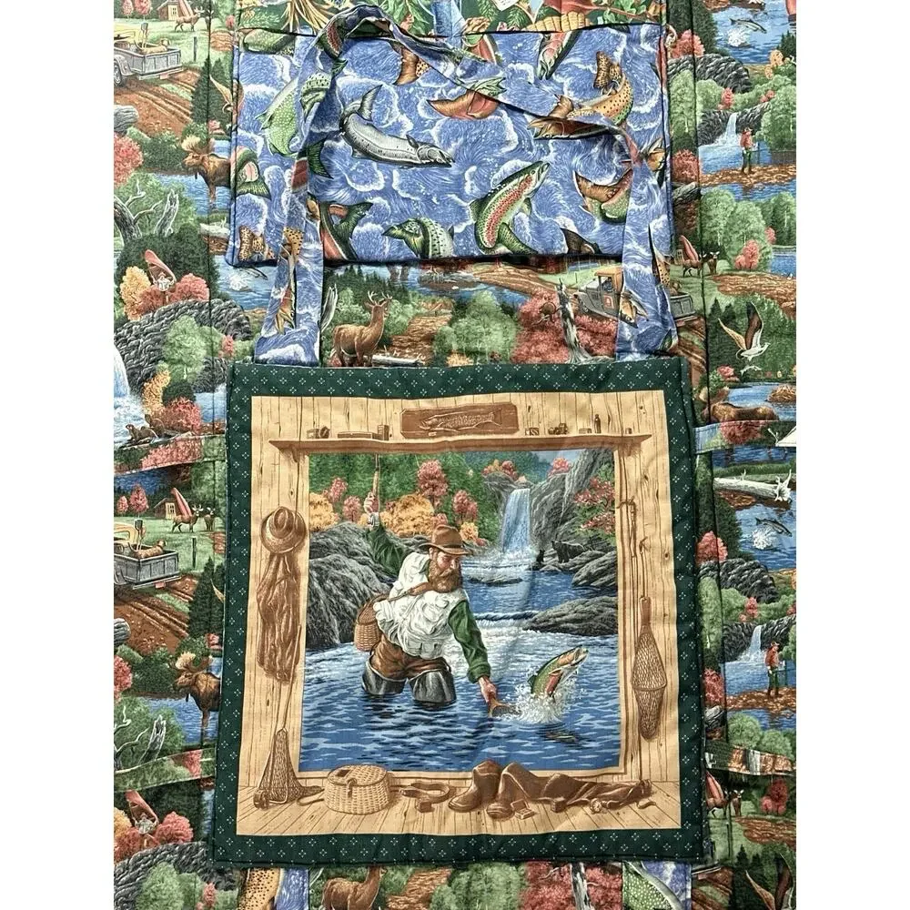 Vintage Fishing Duck Picnic Blanket Convertible Tote Bag Trout Cabin 41x65